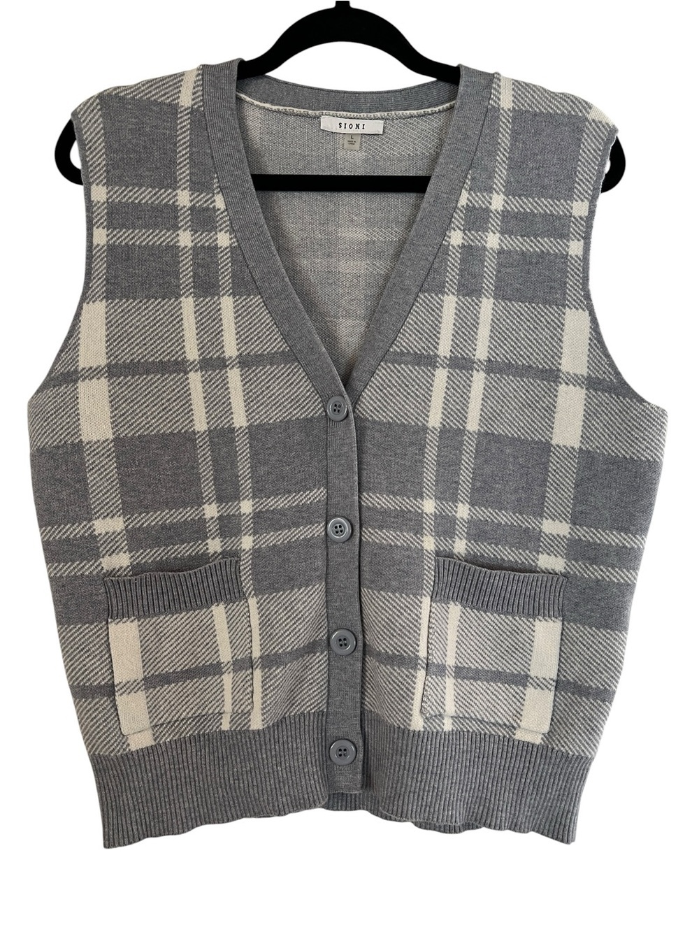 Sioni Gray & Cream Plaid Button-Front Preppy Collegiate Office Sweater Vest- L